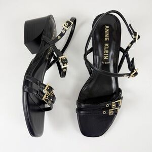 Anne Klein Mackenzie Strappy Buckle Block Heel Sandals Womens 8.5M Black NEW